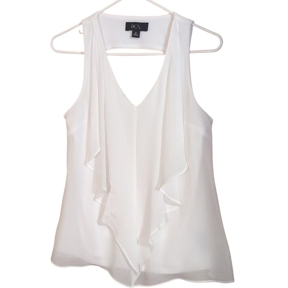 BCX Front Ruffle V Neck Cut Out Back Flowy Lined White Blouse Women's Sz M